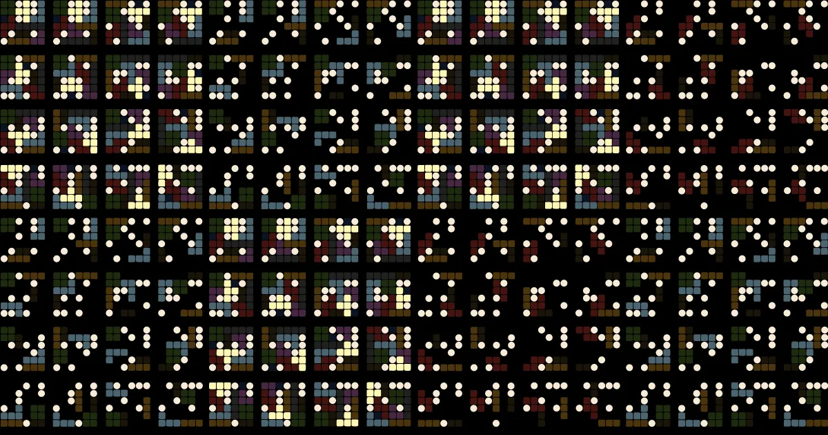 Colorful speckled grid pattern with a mix of small multicolored dots on a black background, creating a mosaic effect.