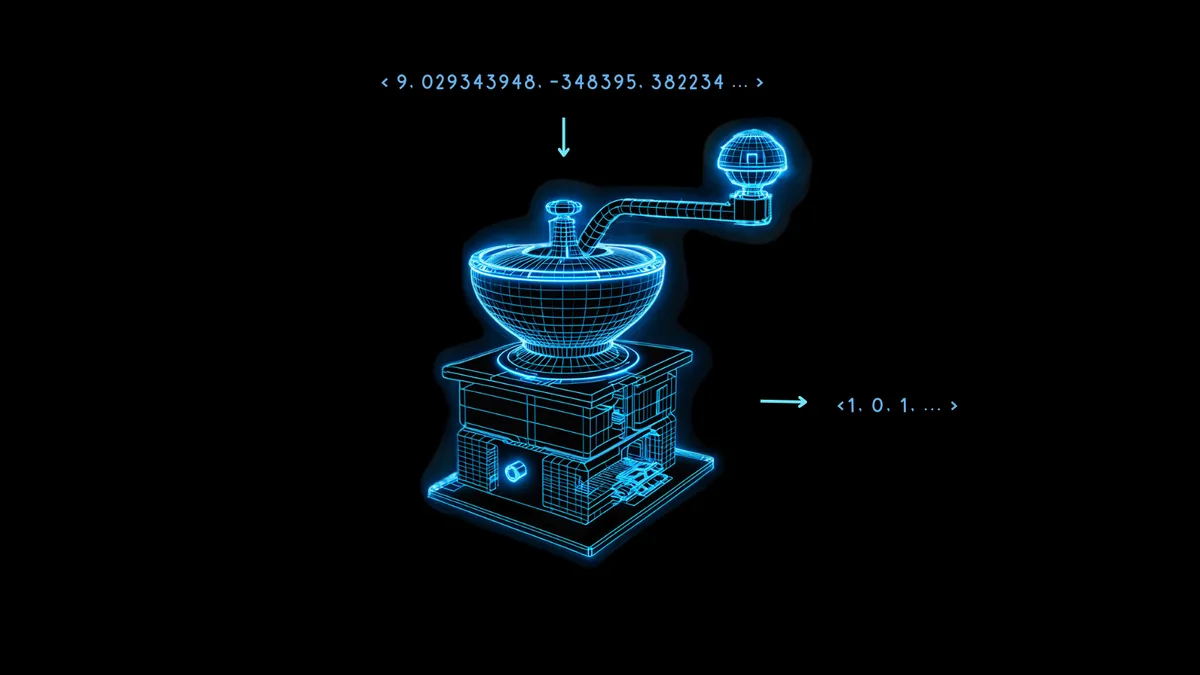 Futuristic digital 3D model of a coffee grinder with blue neon lights on a black background, featuring numerical data.