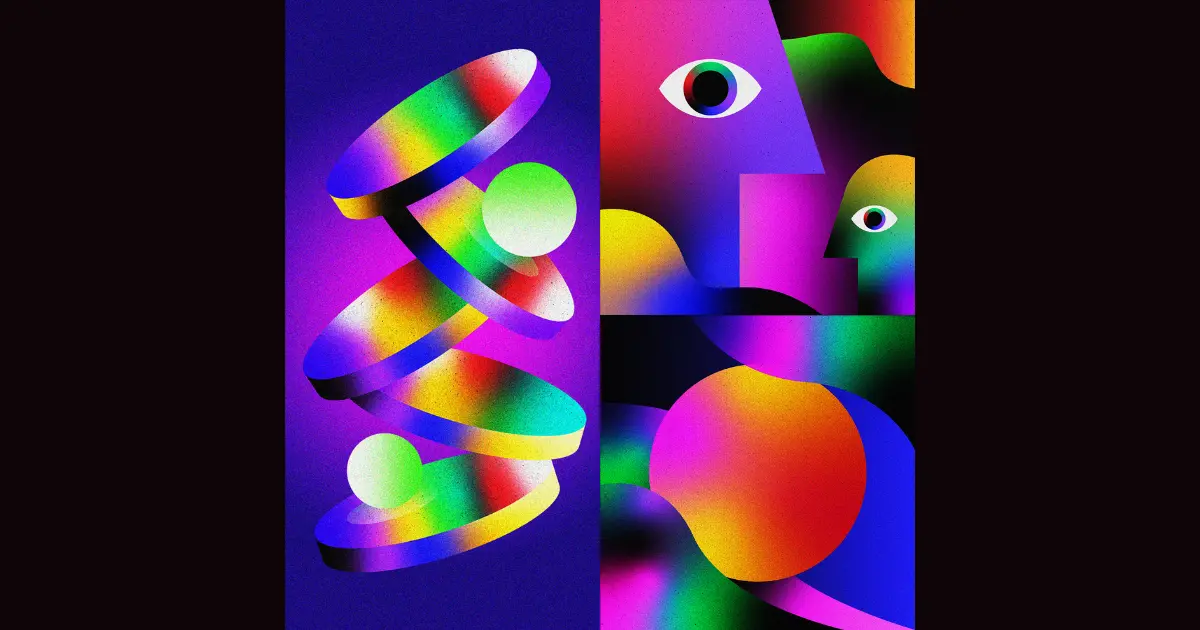 Abstract composition with a dark background featuring a flower-like design, radiant eye-like feature, rainbow-colored curved 