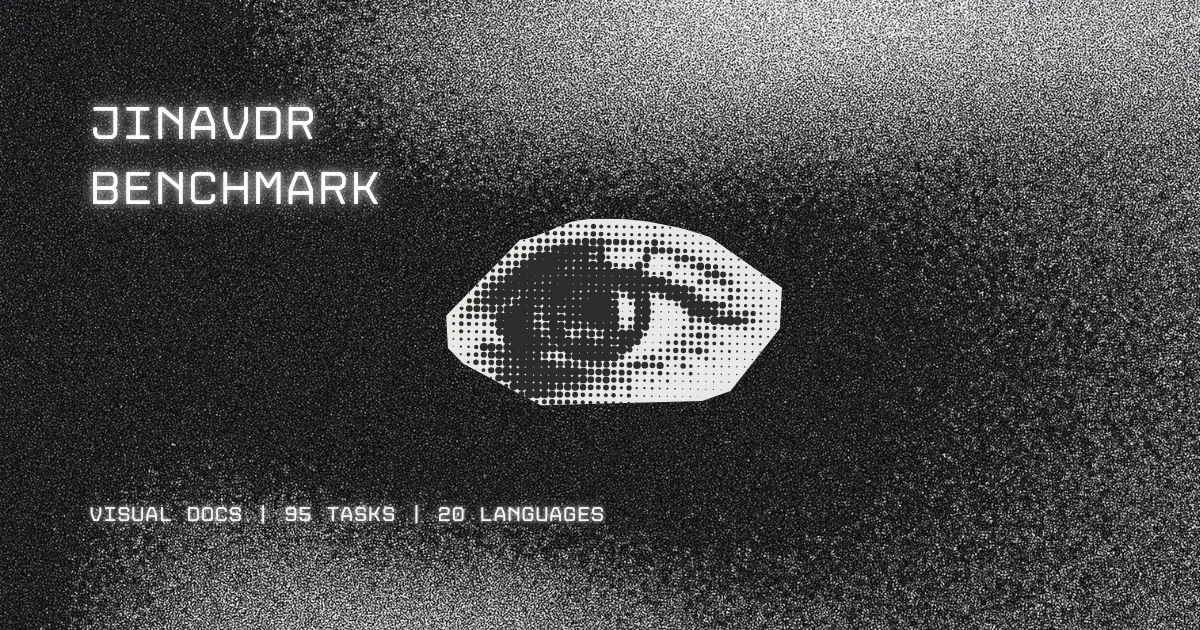 Black-and-white design for "Jinavor Benchmark" with bold text. Below, "Visual Docs: 95 Tasks: 20 Languages" appears; an abstr