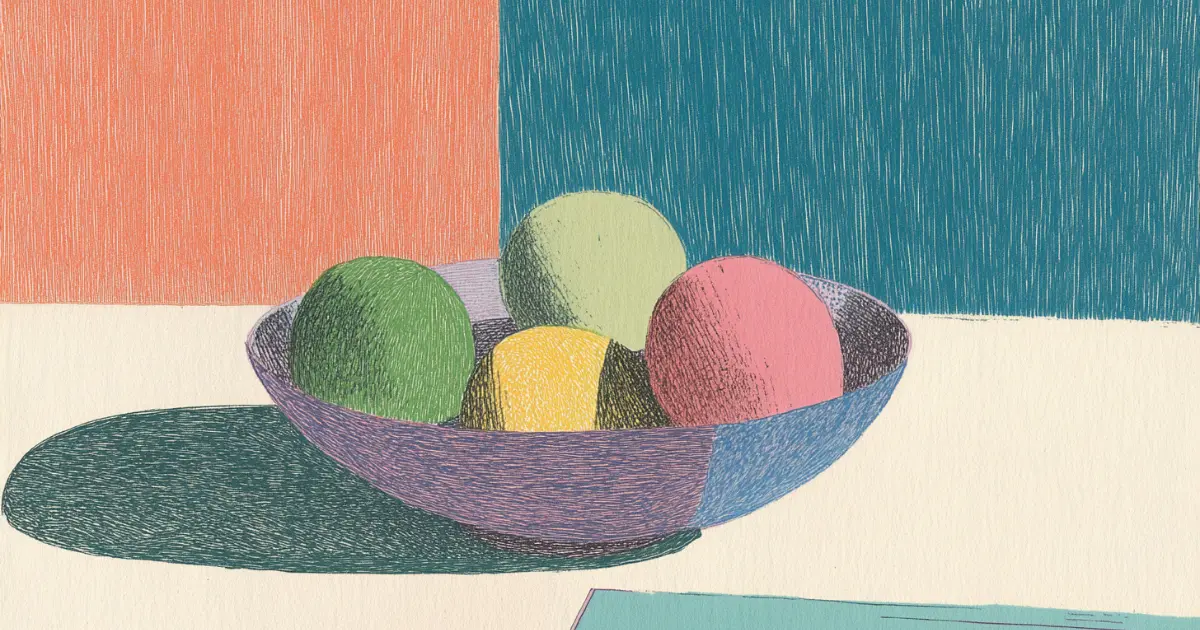 Still life drawing of a purple bowl filled with apples and oranges on a white table. The scene features rich colors against a