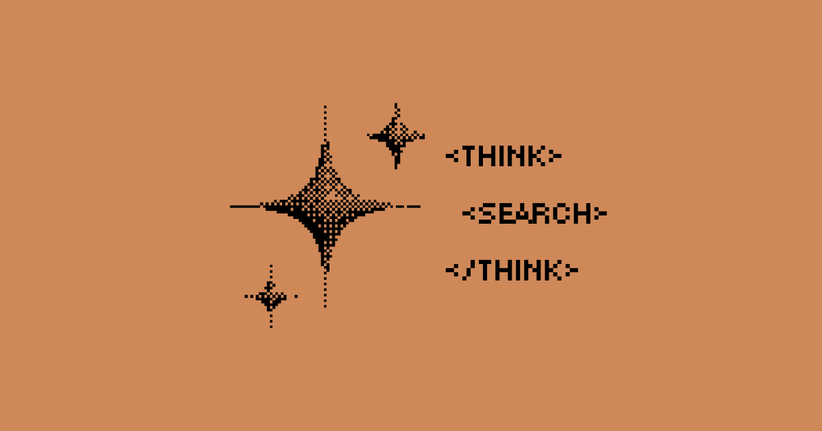 Logo with words "THINK SEARCH THINK" in black dot and arrow patterns on an orange background, accompanied by horizontal lines