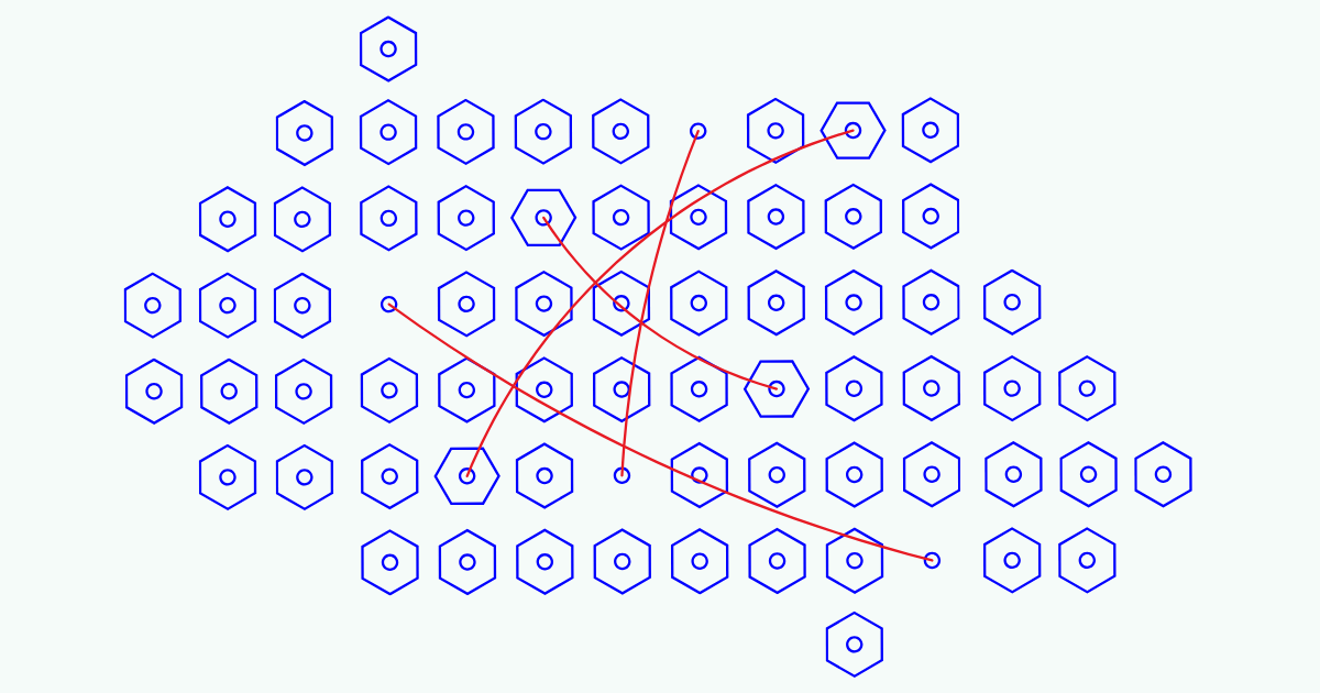 Network illustration of interconnected hexagons, some solid and some hollow blue, connected by red lines indicating paths or 